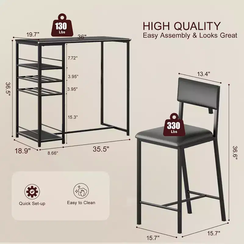 Fulvari Set for 2 Dining Table with Open Storage Shelves, Cup Holder & Wine Rack, Bar Table and Chair for Apartments Kitchen Corners Small Space