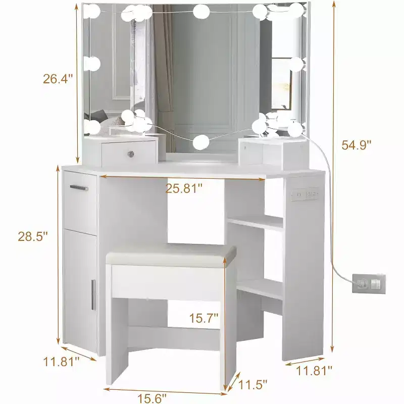 Modern Corner Vanity Makeup Desk with Vanity Mirror,Built-in Power Outlet with Drawers & Cabinets,Open Storage,for Bedroom