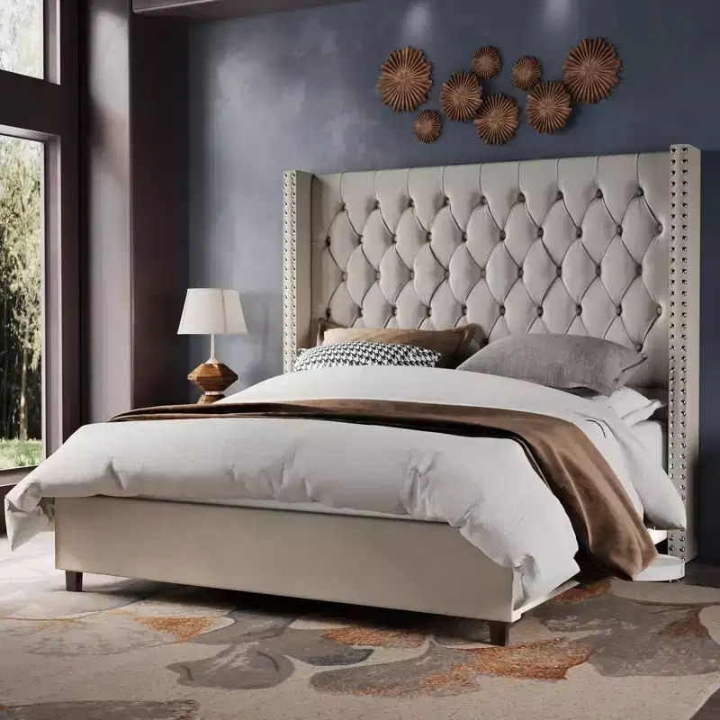 AMERLIFE Bed Frame with 61.4 Headboard,Velvet Tufted and Handmade Pleat Deep Button