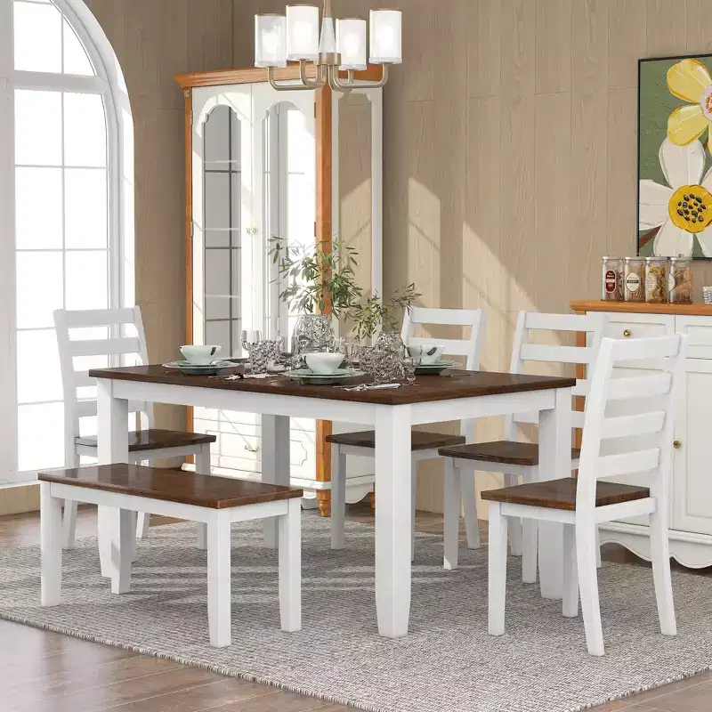 Whisen Rustic Style 6-Piece Dining Room Table Set with 4 Upholstered Chairs and 1 Bench
