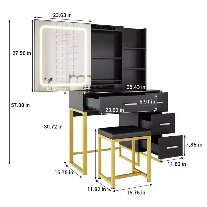 Modern Marble White Vanity Desk with Mirror and Lights
