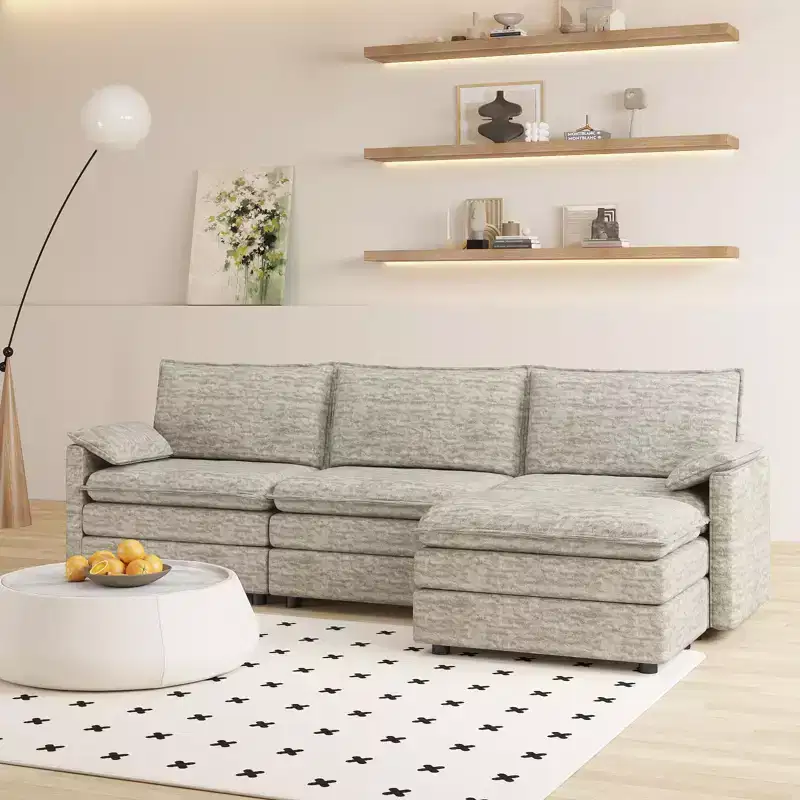 108 Modular Sectional Cloud Couch,Comfy Cloud Couch with Movable Ottoman,Modern Chenille L Shaped Modular Sofa Ottoman, Sectional Sofa for Apartment