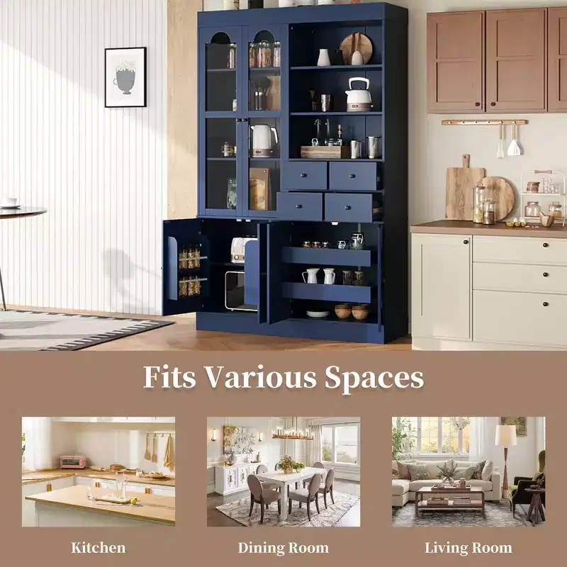 Whisen Freestanding Buffet with Hutch, Tall Kitchen Pantry Cabinet with 4 Drawers, Door Shelves and Pull-out Trays