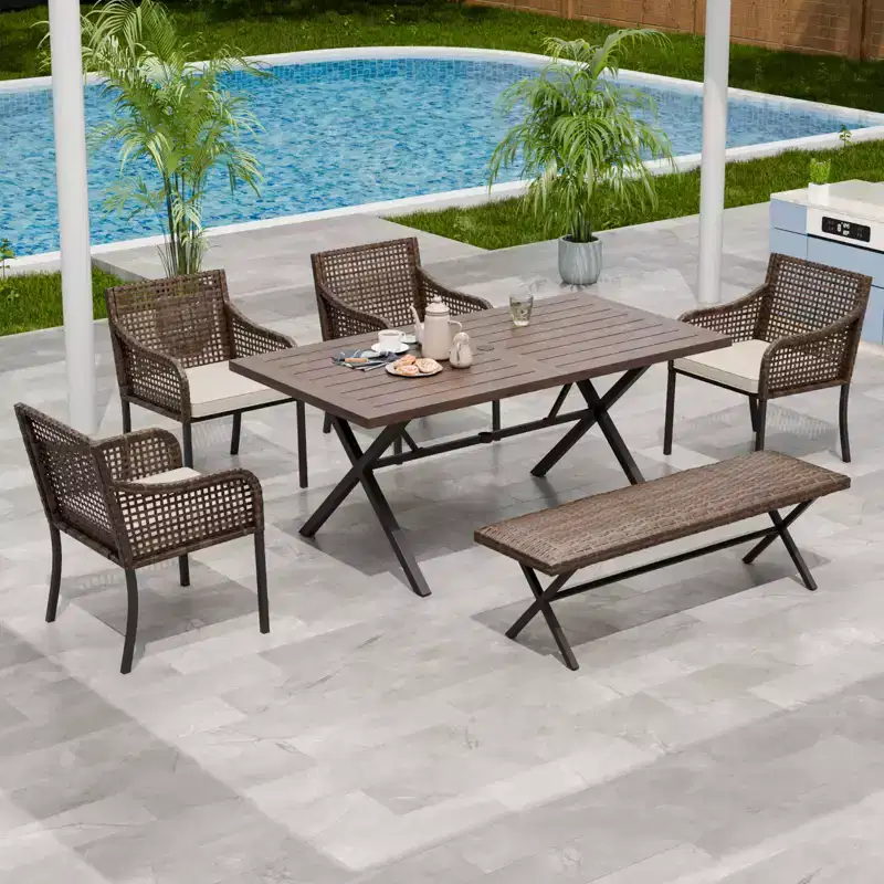 EAGLE PEAK Sienna Bay 6PCS Patio Wicker Dining Set w/ Soft Cushions Umbrella Hole