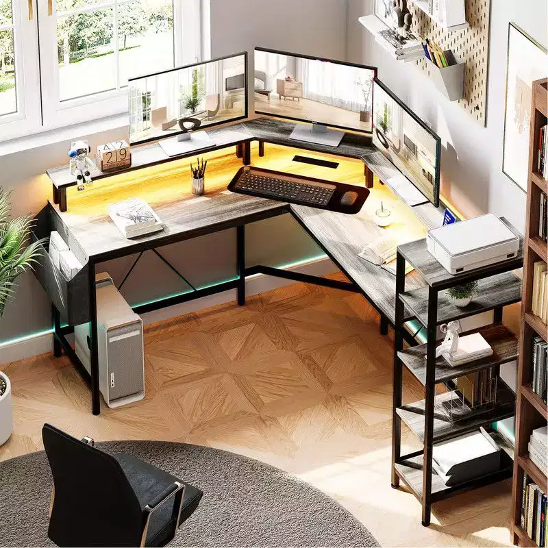 61 l-Shaped Gaming Desk, Ergonomic Computer Desk, with 5-Tier Shelves, LED, Power Outlet & Storage Bag