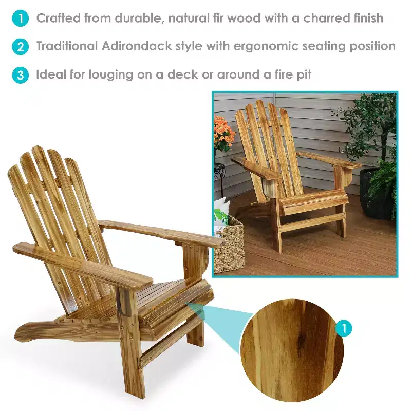 Sunnydaze Outdoor Natural Fir Wood Rustic Lounge Backyard Patio Adirondack Chair - Light Charred Finish