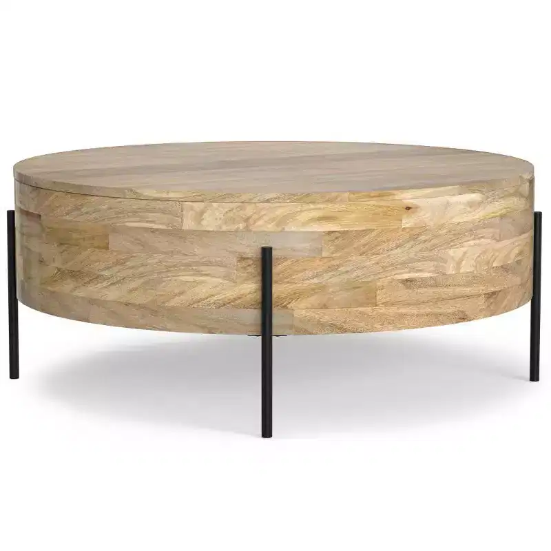 WyndenHall Farmington Drum Coffee Table Natural : Modern Industrial Style, Mango Wood & Iron, 38