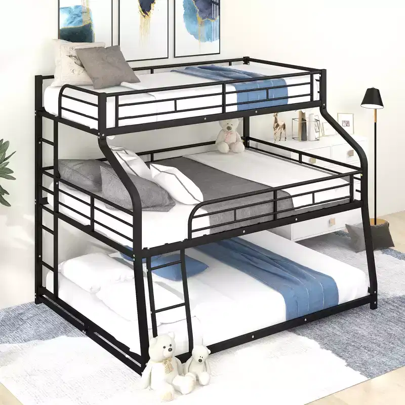 Twin XL Full XL over Queen Metal Triple Bunk Bed Frames for 3 Kids with Built-in Ladder and Full-Length Safety Guardrails