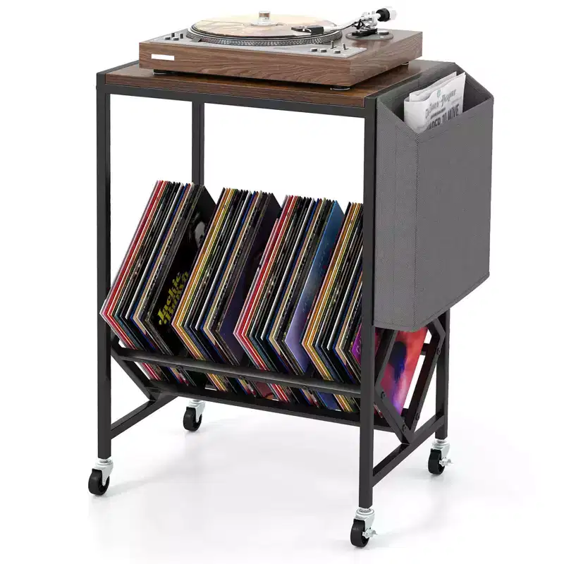 Record Player Stand with Vinyl Record Storage and Side Storage Pouch, Swivel Wheels