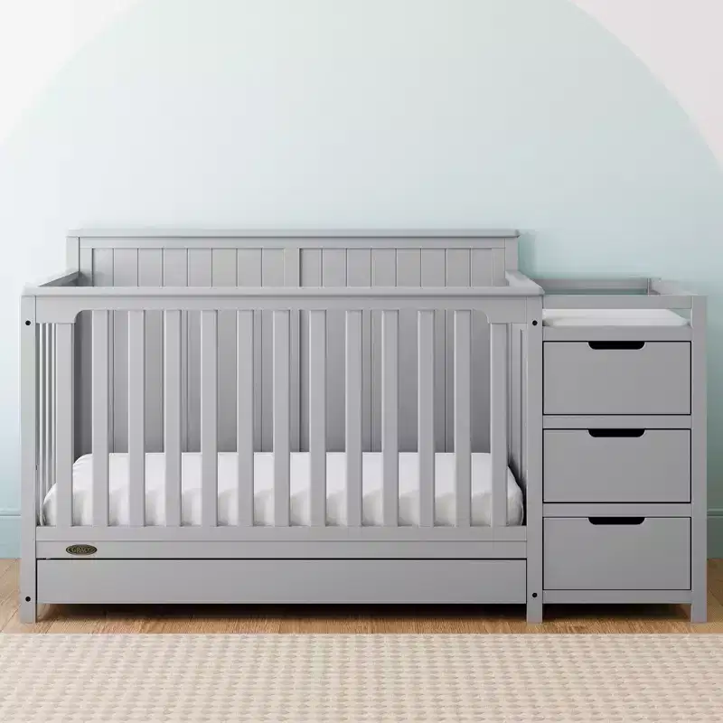 5-in-1 Convertible Crib and Changer with Drawer, Farmhouse Style Nursery Furniture