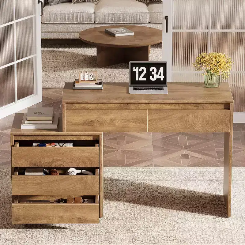 Lantine Computer Desk with 5 Drawers, Wood Executive Desk with File Cabinet and Printer Stand for Home Office, Small Spaces