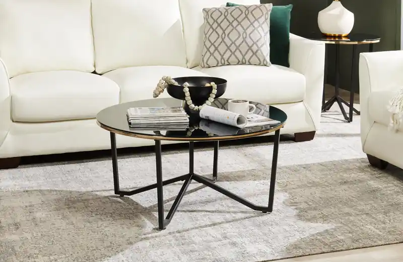 36 Modern Round Glass Top Coffee Table - Black and Gold with Metal Legs