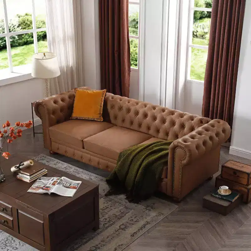 Elegant Chesterfield Technical Leather Sofa, Tufted 3-Seater/2-Seater/1-Seater Couch with Nailhead Trim and Rolled Arms  ModernLuxe