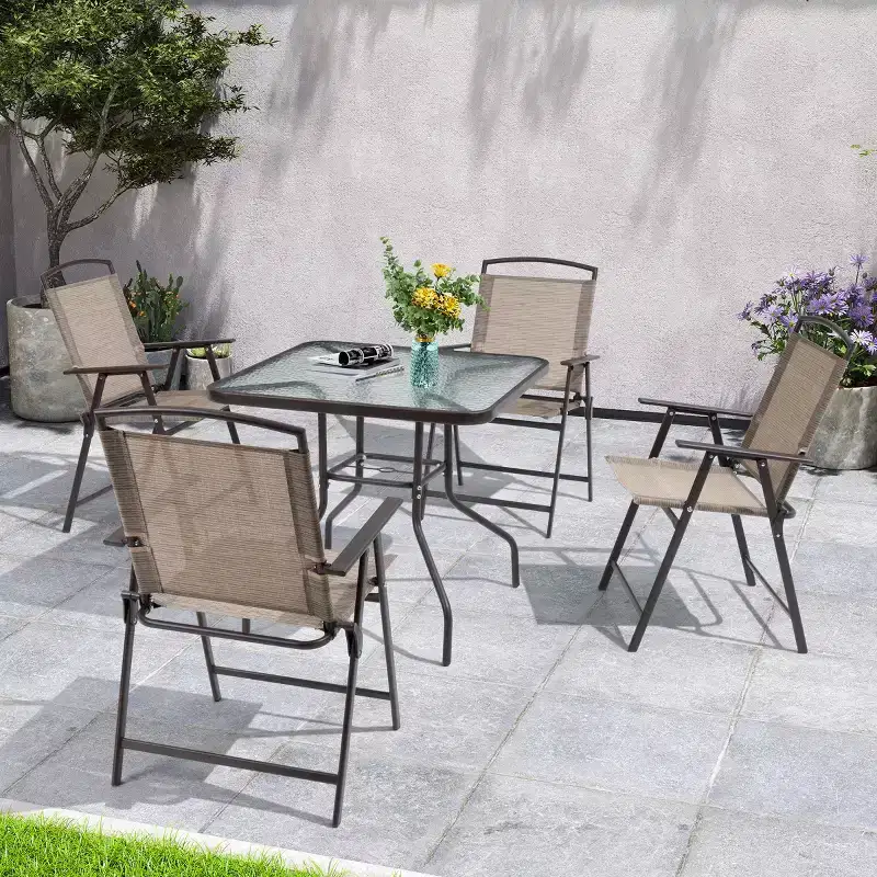 Crestlive Products 5 Piece Patio Dining Set with 4 Folding Chairs and Table Outdoor Dining Furniture with Square Glass Tabletop