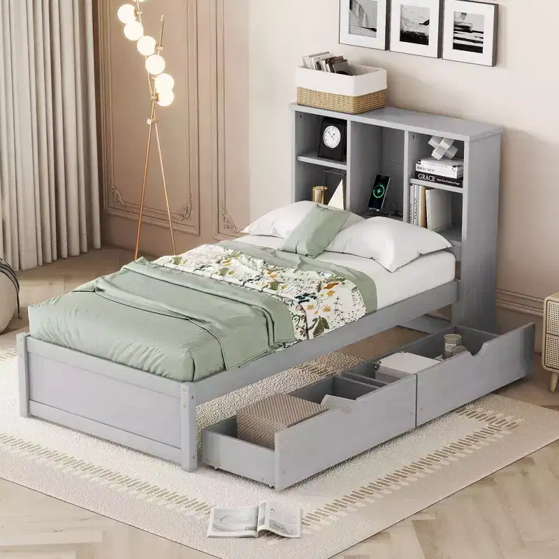 Modern Grey Single Bed Frame - Bookcase Headboard, 2 Drawers, USB Port