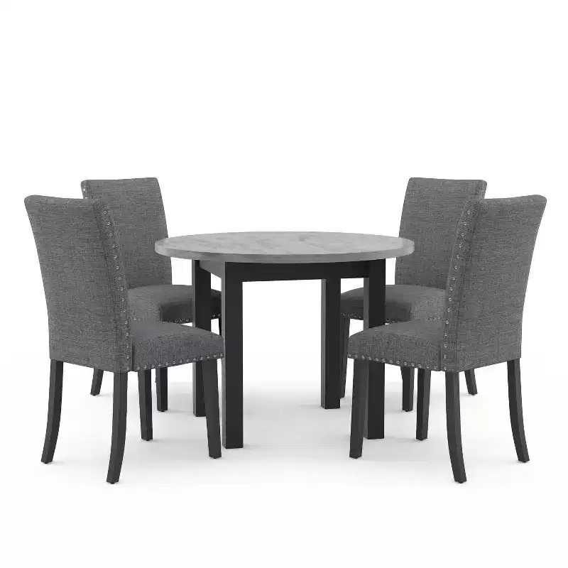 5pc Kellum Contemporary Round Dining Set: Faux Marble Top, Nailhead Trim Chairs - miBasics