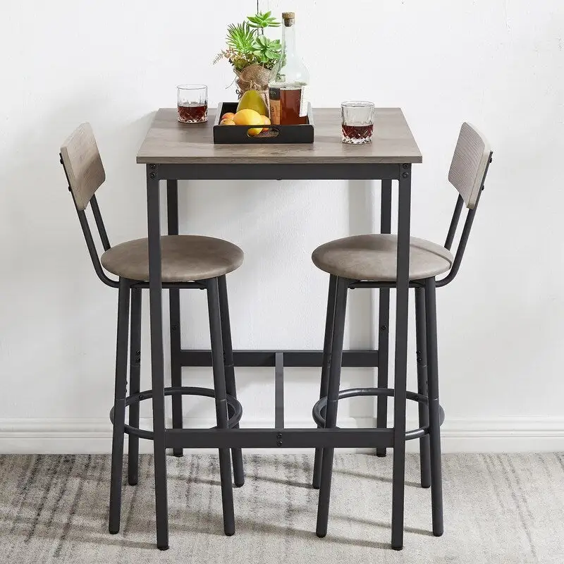 Eureka Industrial Bar Table Set, 3-Piece Dining Table and PU Upholstered Stools Set, Small Counter Height Pub Bistro Table Set