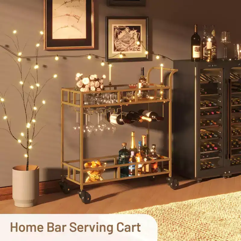 2-Tier Portable Bar Cart with Mirrored Shelves, Rolling Service Trolley with Wine Rack, Glass Holder, Beverage Serving for Home, Dining & Living Room