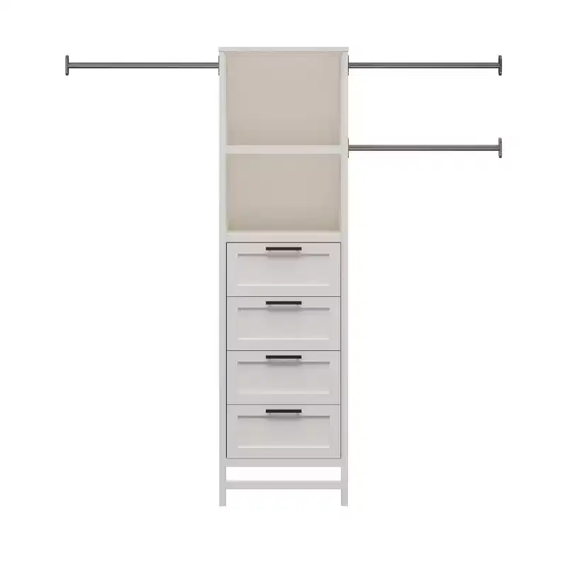 4-Drawer/3 Adjustable Clothing Rod Closet Tower, Ivory Oak