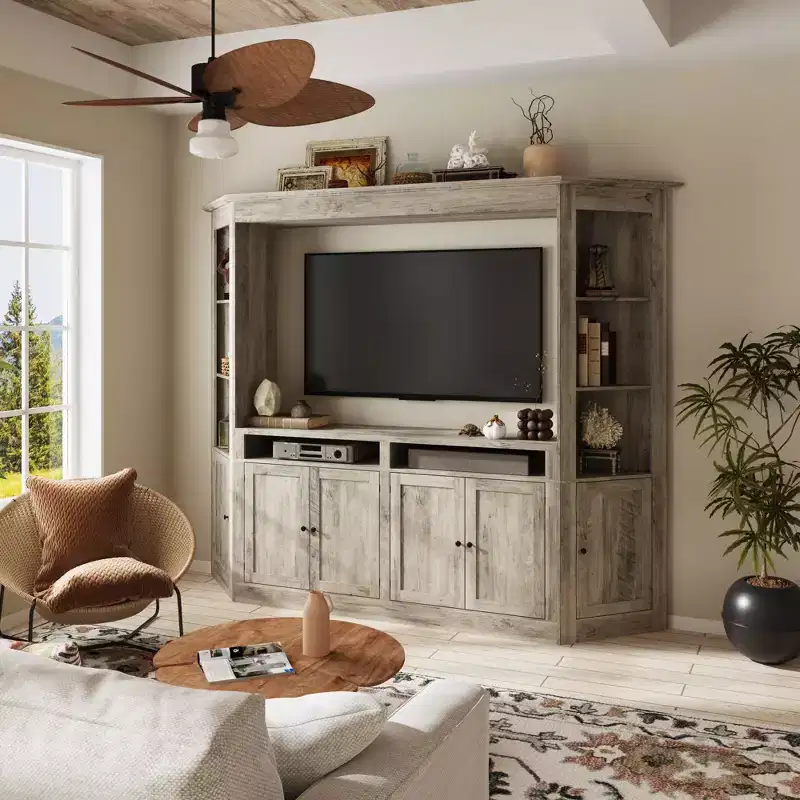Gray TV Entertainment Center with Multi-Storage Shelves, Bookcase Cabinets, Fits TVs Up to 70