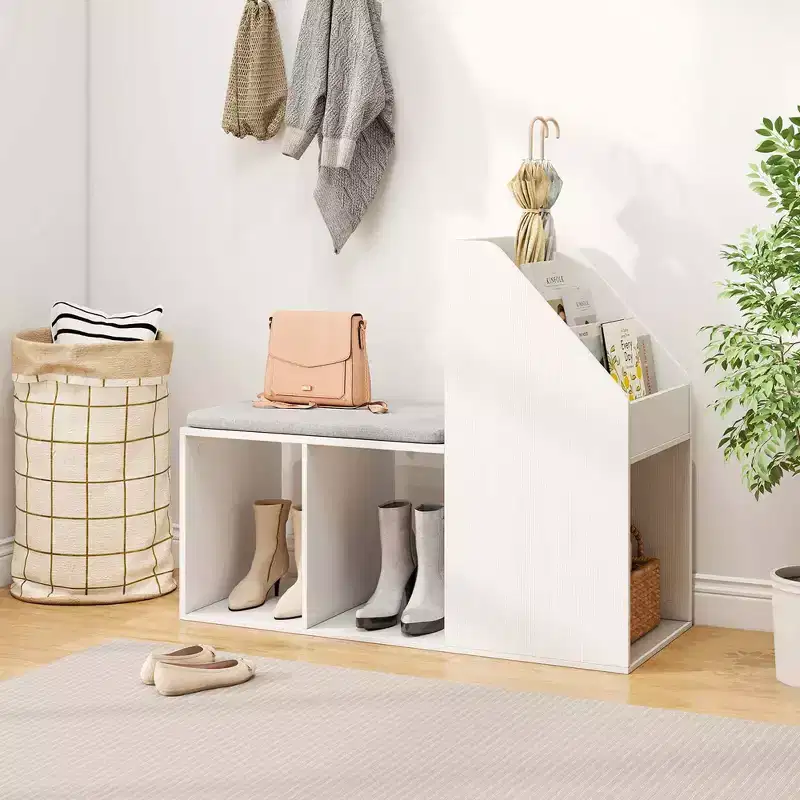 Shoe Storage Bench with Removable Seat Cushion 3 Side Storage Compartments