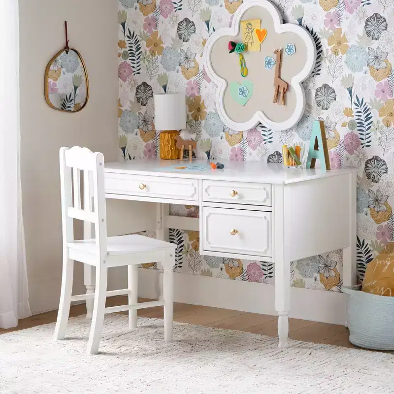 Guidecraft Avery Kids' Desk and Chair Set - White: Girls Wooden Study Desk with Storage Drawers, Computer Workstation for Children