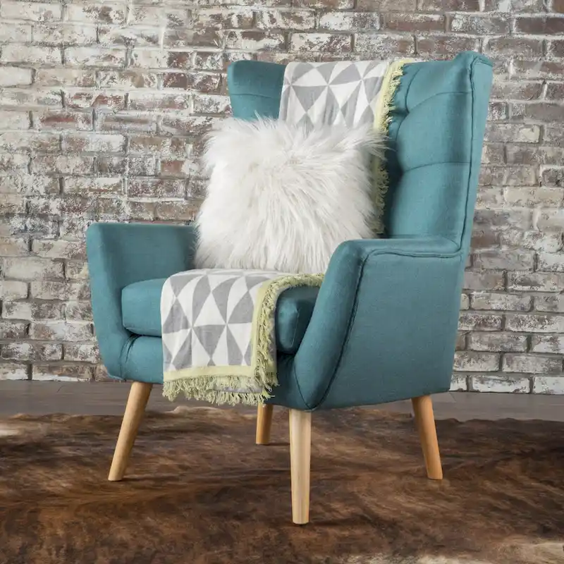 Teal High-Back Wingback Accent Chair, Button-Tufted, Flared Arms, Rubberwood Legs