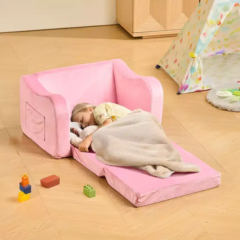 2-in-1 Kids Sofa, Foldable Toddler Soft Couch with Armrests, Convertible Toddler Chair to Lounger, M, Pink