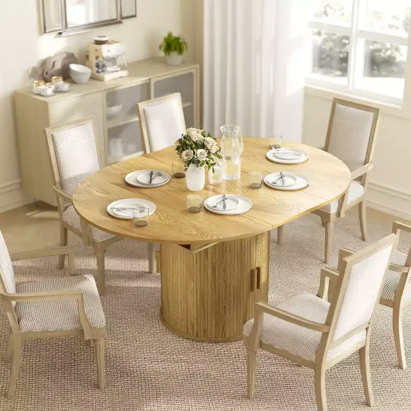 HOMCOM Extendable Dining Table for 6, 60 Inch Farmhouse Oval Kitchen Table with 2-Tier Storage Shelf and Fluted Sliding Doors