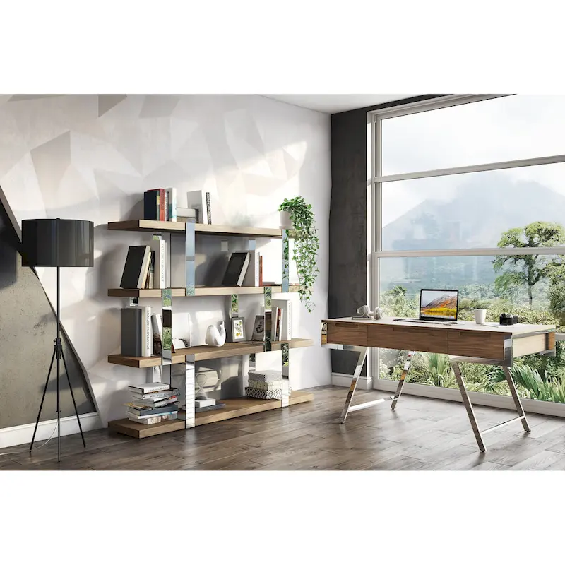 Modrest Brewer Modern Walnut Glass & Stainless Steel Bookshelf