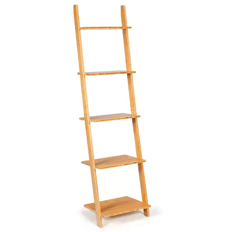 5-Tier Bamboo Ladder Shelf, Leaning Bookshelf with Open Display, Natural