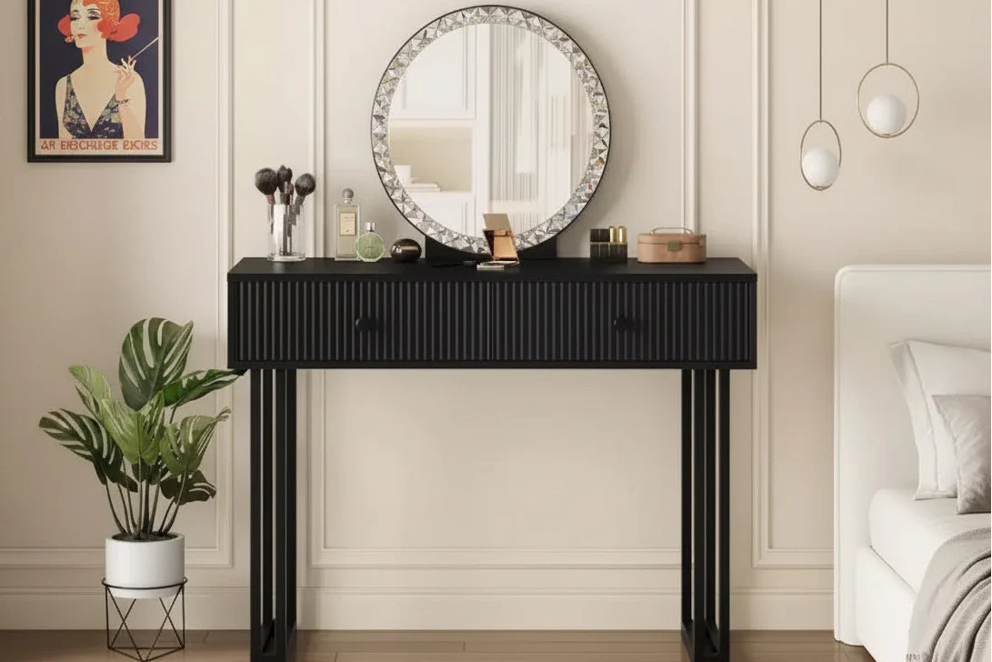 Small Makeup Vanity Desk with Mirror, 2 Drawers & 3-Color LED for Bedroom