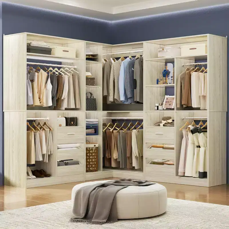 Besiost Set of 3 Corner Closet System with Tower Shelves and Drawers, Freestanding Closet Organizer with Hanging Rods
