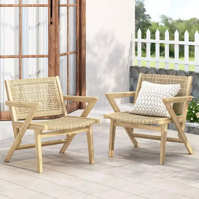 Okak 16 Rustic Patio Accent Chairs Premium Acacia Armchair with Woven Wicker Finish Seat&Back,Set of 2,Patio Furniture Seating,Natural