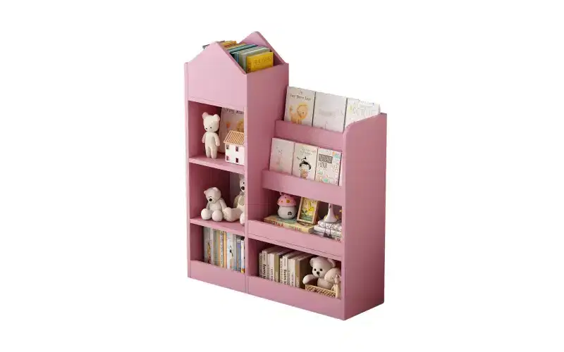 Zevemomo 4 Tier Kids Bookshelf and Toy Storage, Wooden Children Bookshelf, Toy Storage with Bookshelf for Playroom, Classroom, Bedroom, Library, Pink