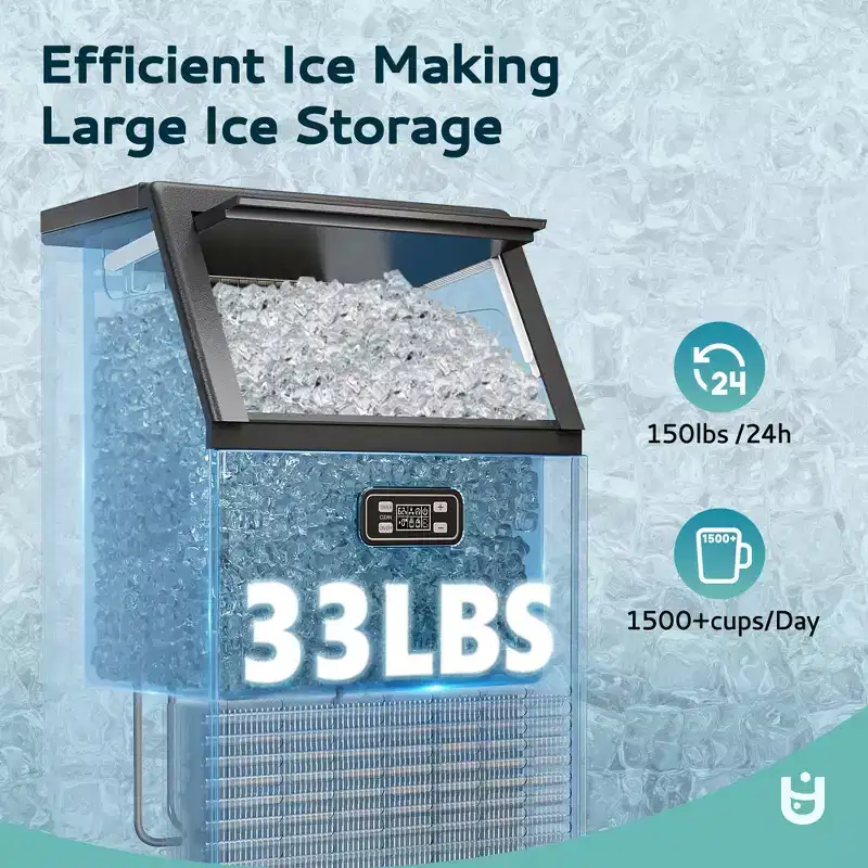 EUHOMY 150 Lbs./24H Ice Maker Undercounter, Household & Commercial, Self-cleaning, Large Storage, Auto Overflow Protection, Stainless Steel, Black
