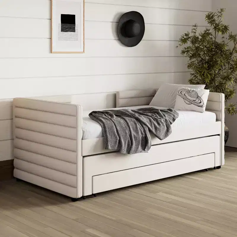 Twin Size Upholstered Daybed with Trundle and Storage Drawers