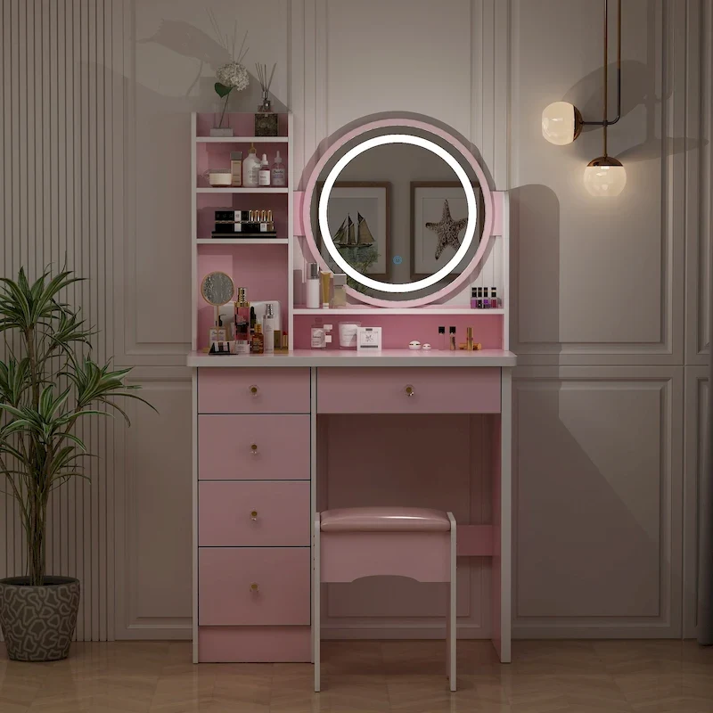31.5 Wide Makeup Vanity with Stool, Mirror,3 Color Light - 31.5W