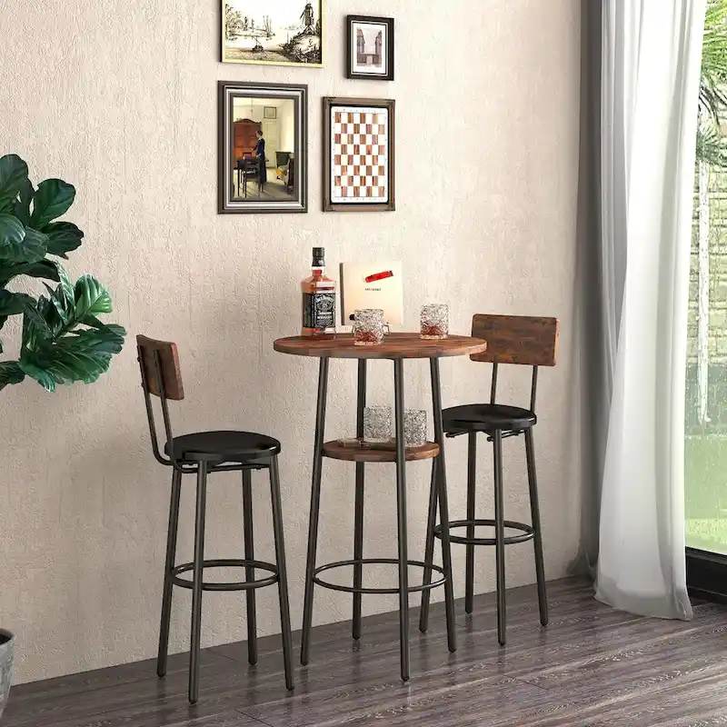 Grondin Industrial Style 3-Piece Round Bistro Pub Table Set with 2 PU Leather Bar Stools and Shelf, Counter Height Bar Table Set