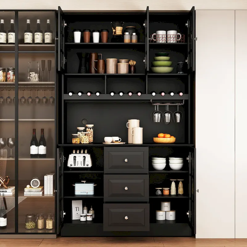 78.9Pantry Buffet White Buffet with Wine Glass Rack Drawer and Hutch