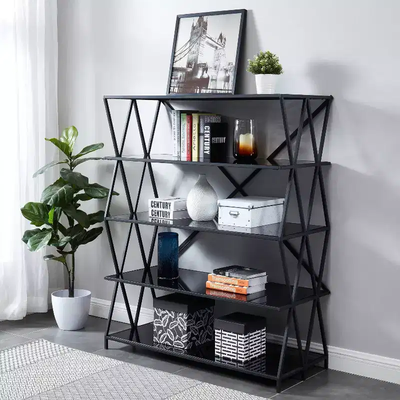 57.5" Werrin 5 Shelves Large Metal Display Bookshelf Black - miBasics: Tempered Glass, Modern Style, Open Back