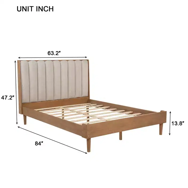 Luxystar Queen Size Wood Bed with Piano Key Style Upholstered Headboard and Strengthened Bed Frame,Wheat