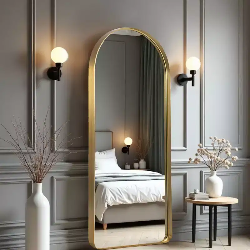 32 in. W x 71 in. H Deep Modern Arch Framed Full Length Mirror with Rounded Corners in Gold