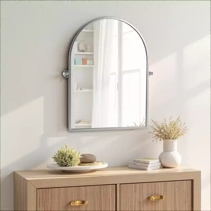 Silver Hardware Hanging Mirror with Iron Right-Angled Arched Design, 91x61x4cm