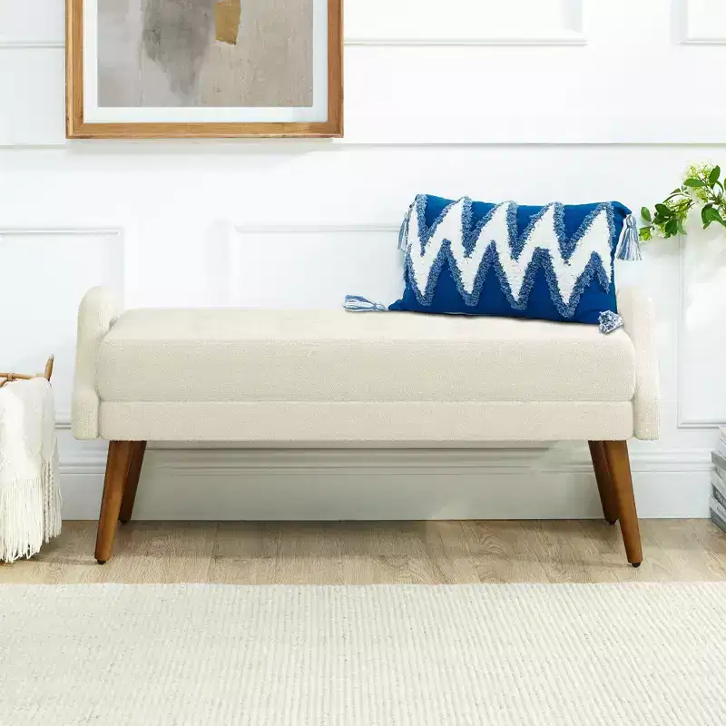 TUYOHW Modern Ottoman Bench with Irregular Geometric Armrests Upholstered Vanity Stool with Wood Legs Entryway Bench for Bedroom, Living Room
