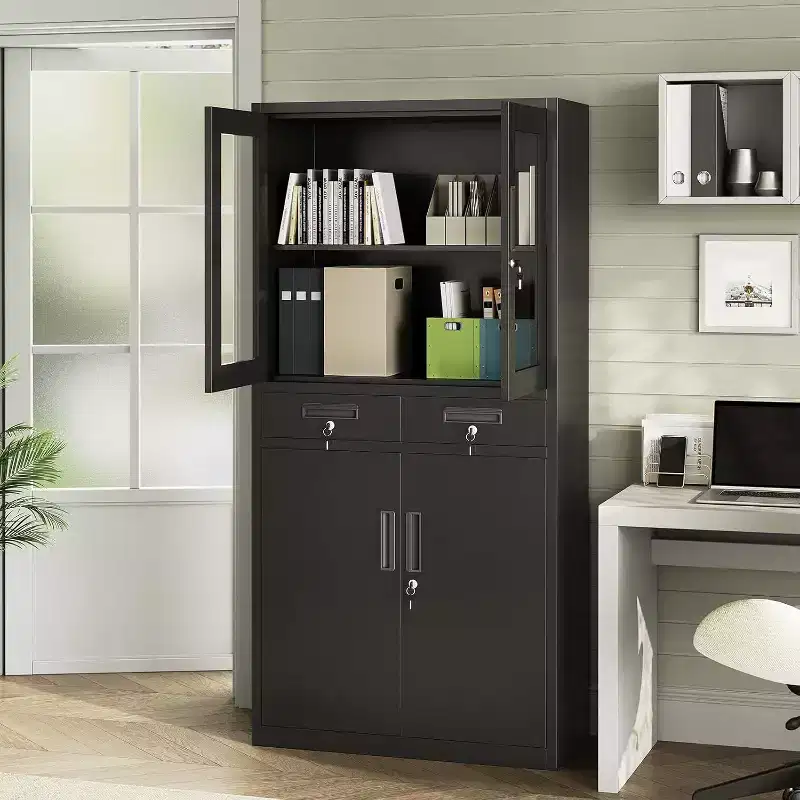 Acekool 71 Storage Cabinet with Glass Doors, Adjustable Shelves and Lockable Drawers, Vertical Metal Organizer for Home Office, Garage, Utility Room