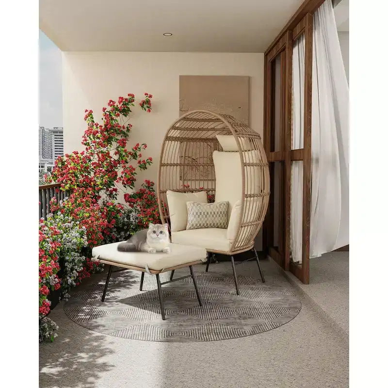 Oversize Wicker Egg Chair with Ottoman, Egg Basket Lounge Chair with Thick Cushion, Comfy Egg Rattan Seat for Indoor Outdoor Patio Porch