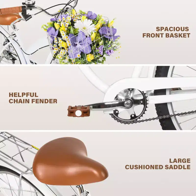 hykolity 26 inch Cruiser Bike Beach Bicycle City Bike Commuter Cycling for Adult Women Height 60-72 inch Front Basket Rear Rack Pale White