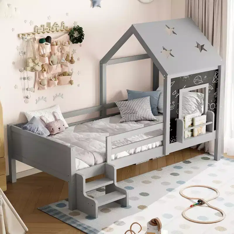 Twin/Full House Bed Platform Bed Frame with Low-Profile Stairs, Bookcase, Blackboard & Star Roof