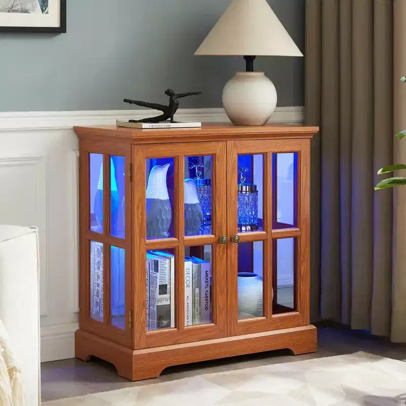LED Antique Display Cabinet with Lattice Doors, Adjustable Shelves, and Bluetooth Control for Retro Design